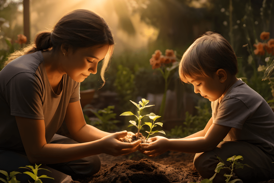 Mother teaching son planting small plants, representing teaching children about financial growth