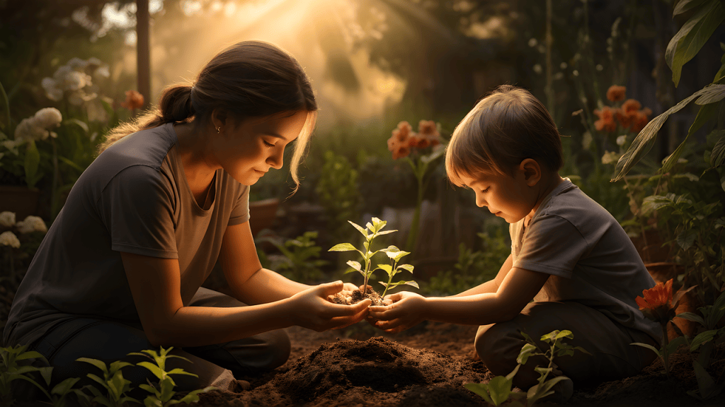 Mother teaching son planting small plants, representing teaching kids about money as the parent's responsibility.