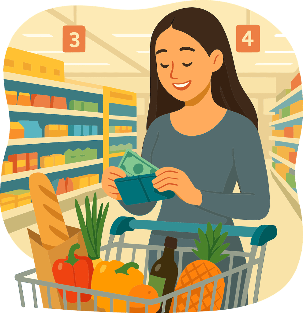 illustration of a mom grocery shopping holding money in her hands representing the importance of the parent's role in teaching kids how to manage money