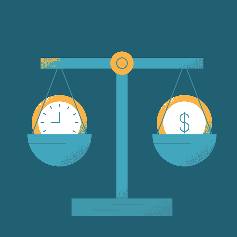 scale weighing time and money representing the importance of money education to leverage time and income