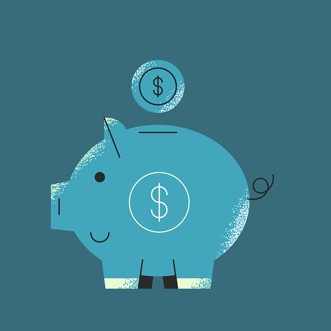 piggy bank with a dollar coin going in representing the importance of money education and teaching how to save to kids