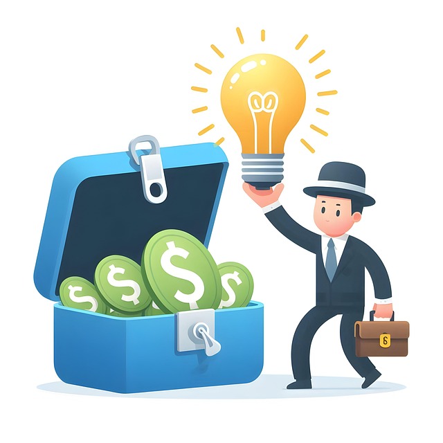 Infographic of a person holding a lightbulb and standing next to a suitcase full of dollar coins.