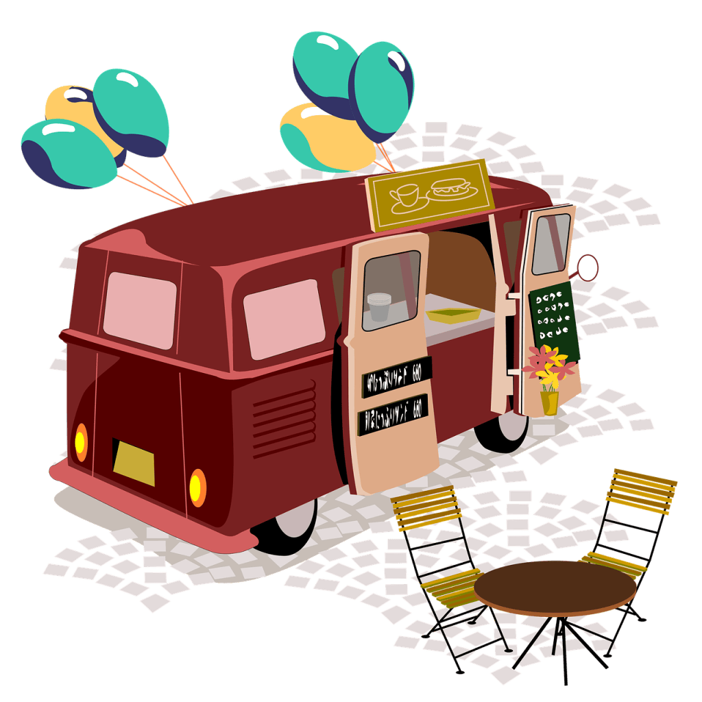 Coffee van with balloons representing an alternative to the lemonade stand experience for kids