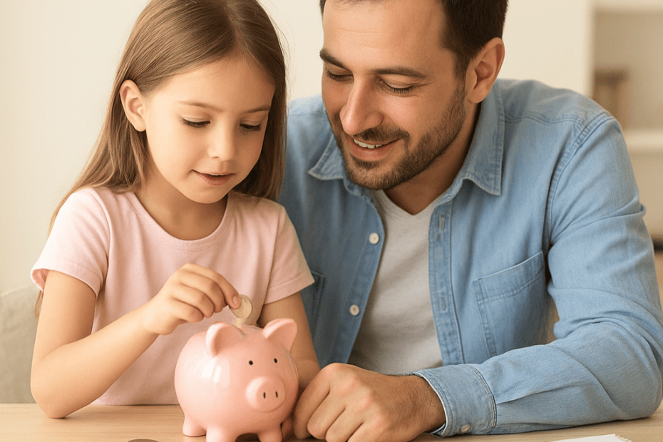 Father with his daughter putting coins in a piggy bank representing 1 When to Start Teaching Kids About Money
