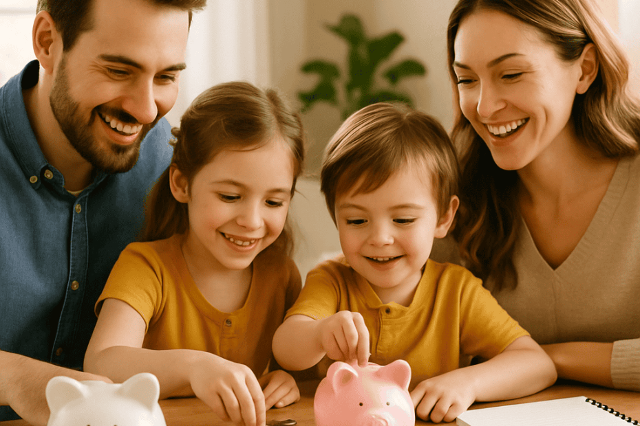 Happy family with children putting money in piggy banks to represent the best way to save money for kids