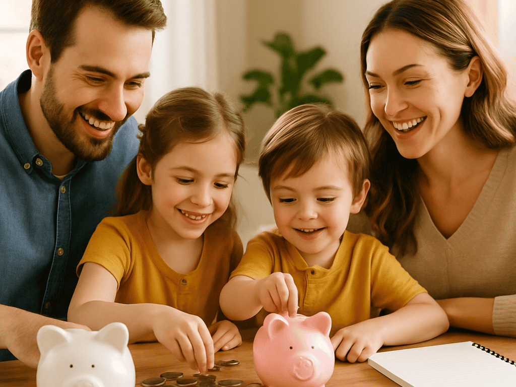 Happy parents and children putting money in piggy banks representing the best way to save money for kids