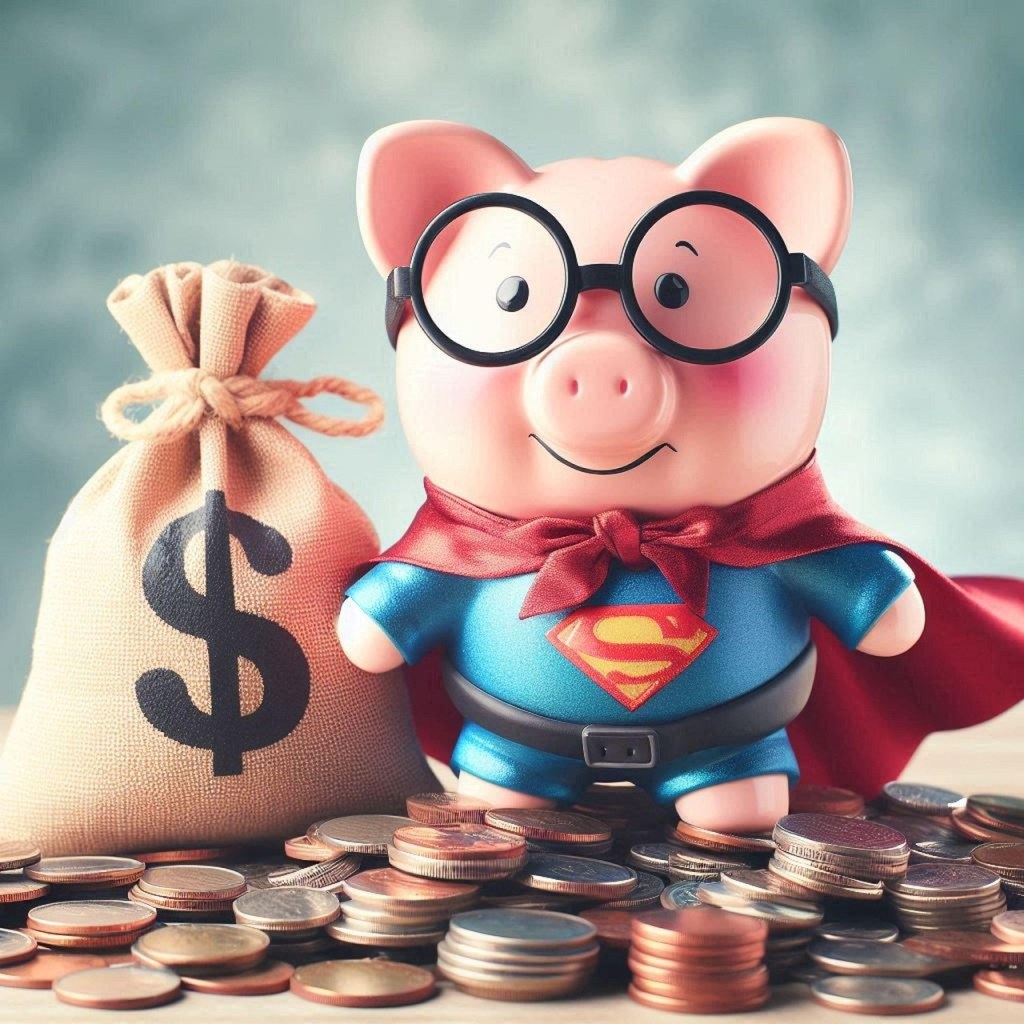 A piggy bank wearing a superhero outfit and glasses, surrounded by coins and a dollar bag  representing the importance of financial literacy