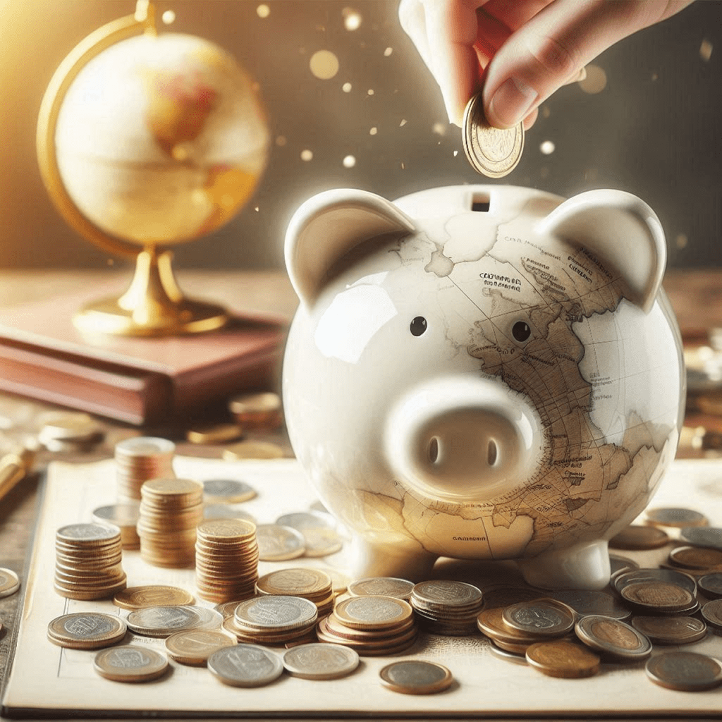 piggy bank with a hand putting a coin in it representing saving as part of teaching budget for kids