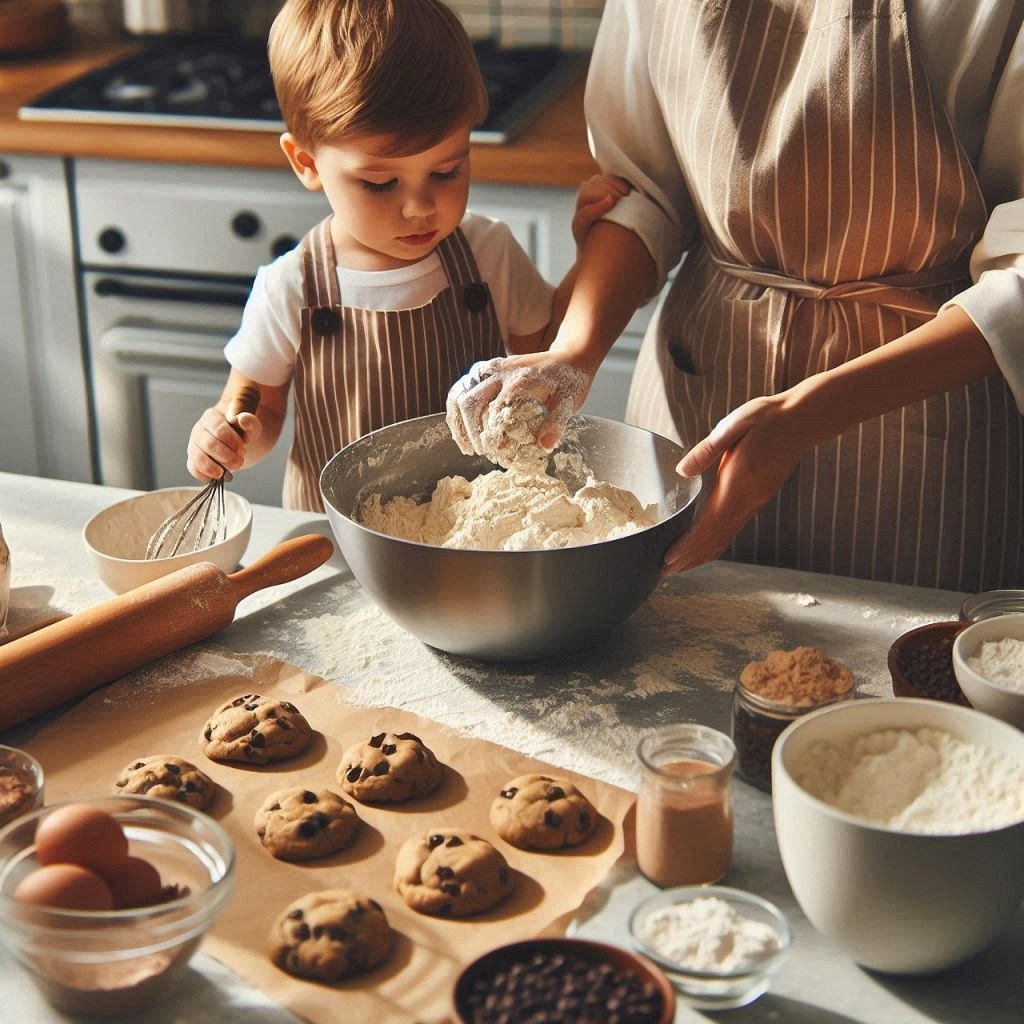 4 year old backing cookies with his mum showing a Business Idea for Young Kids Ages 4 to 7