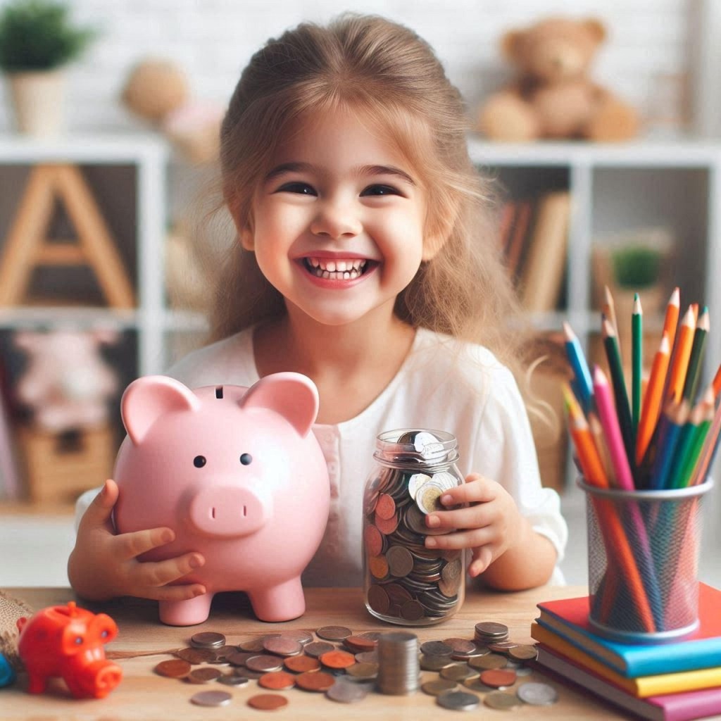 Happy little girl saving coins in a piggy bank