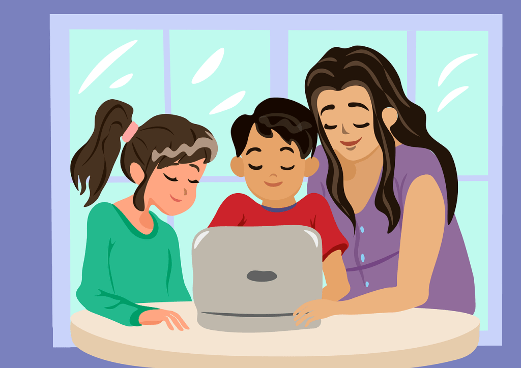 Illustration of a mother with two children in front of a laptop showing the importance of parents' guidance with their kids' entrepreneurial ideas