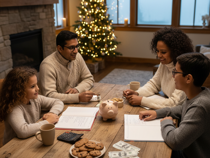 Family discussing New Year's Resolutions for kids around kitchen table with piggy banks and money during holiday season