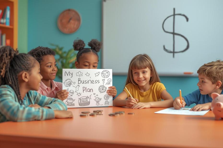 Kids sitting around a tale at the library brainstorming a kids business plan one of them is holding a paper that says “My Business Plan”