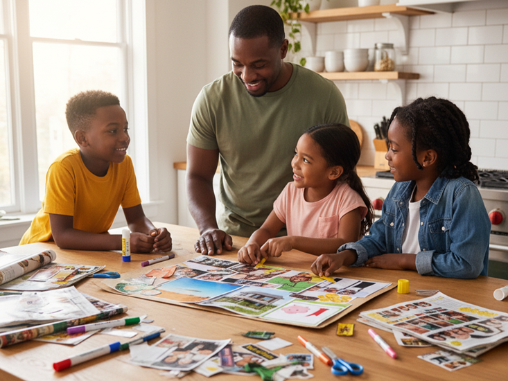 Happy family creating a vision board together at kitchen table with magazines, scissors, and financial goal pictures for teaching kids about money