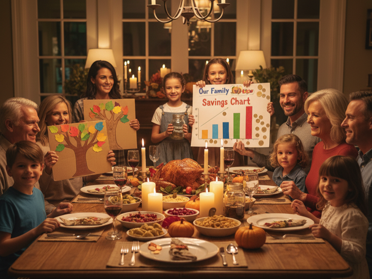 Multigenerational family displaying Thanksgiving kids activities around money and gratitude while enjoying Thanksgiving dinner.