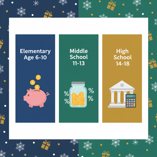Age-appropriate New Year's Resolutions for kids infographic showing financial goals for elementary, middle school, and high school students