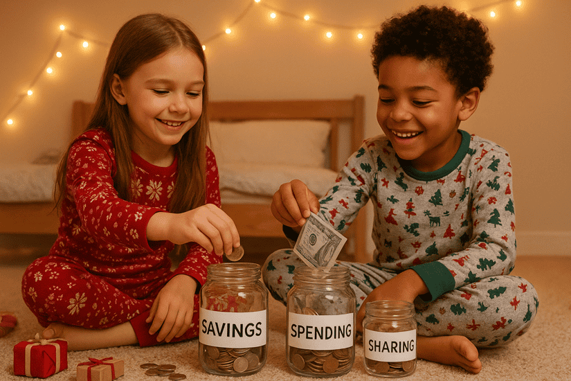 Kids organizing money into jars for the holiday season for their financial education