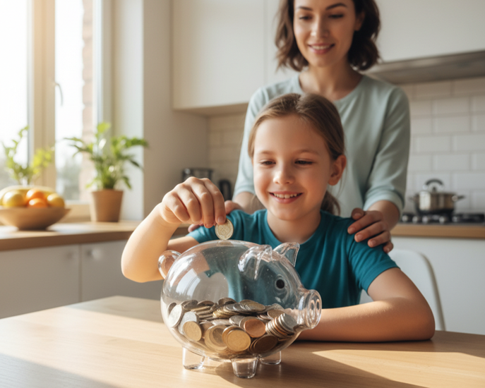 Happy Mother and daughter in the kitchen, looking at a clear piggy bank full of coins.
