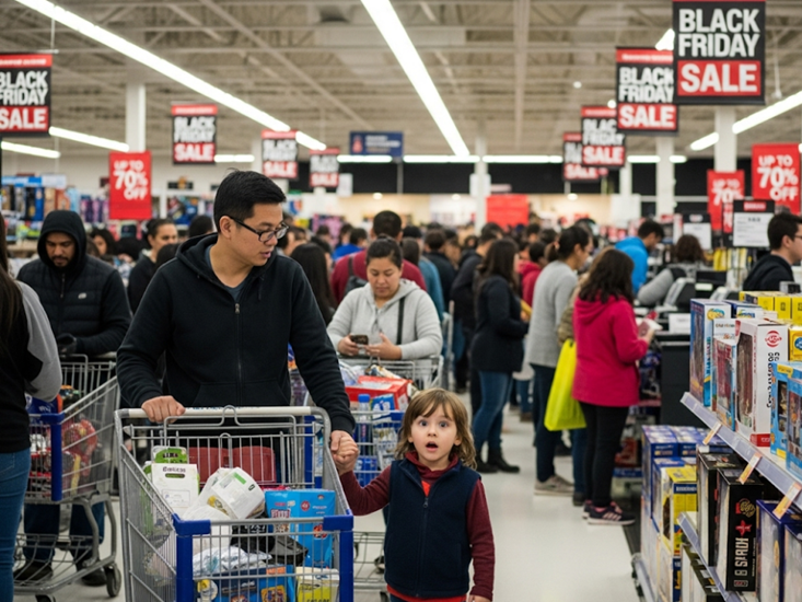 father and son with black friday signs all arounfd the shop to illustrate safety tips in-store during black friday shopping