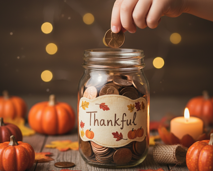 Child's hands adding penny to decorated gratitude jar for thanksgiving activity that teaches saving
