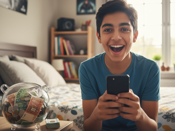 Teenager proudly holding phone after learning saving money for purchase