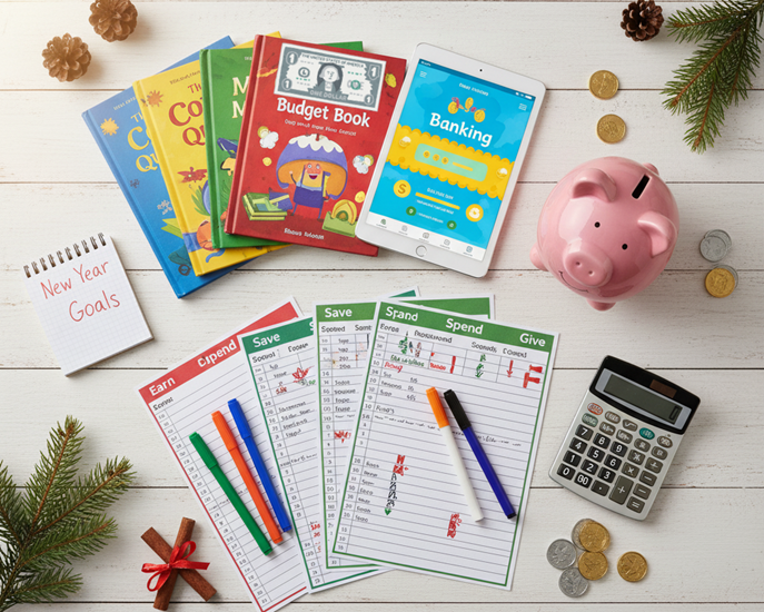 New Personal Finance Habits resources and tools for kids including books, apps, and worksheets to support New Year's Resolutions