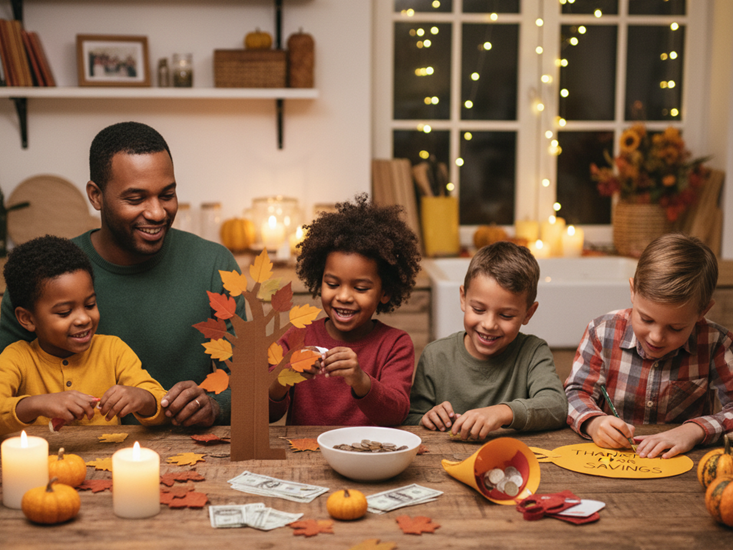 Family doing thanksgiving activities for kids that teach money skills and gratitude around kitchen table