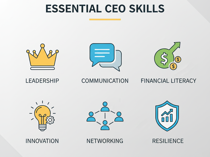 Essential CEO skills infographic with leadership and communication icons