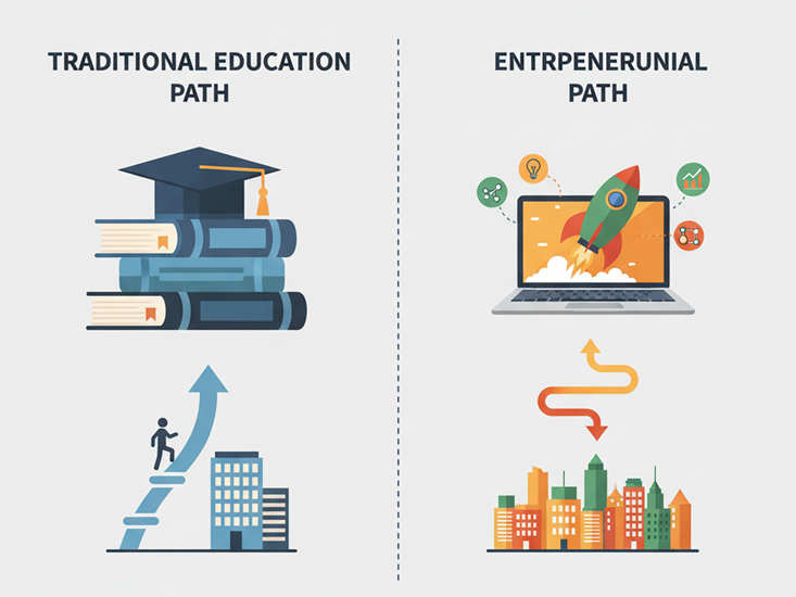 Traditional education versus entrepreneurial path comparison chart 