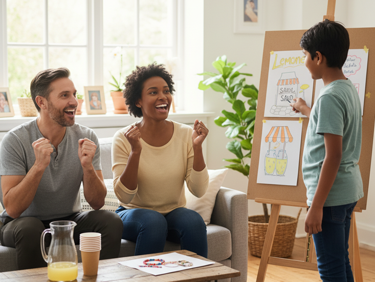 Parent encouraging child presenting small business idea at home