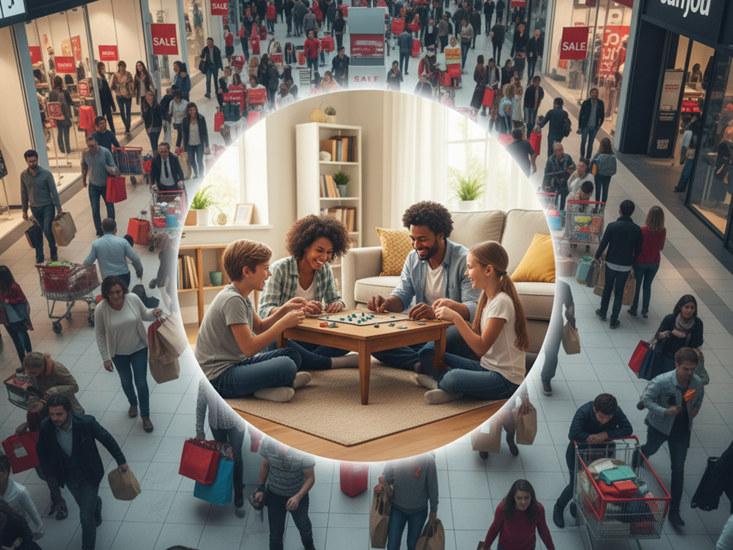Buy Nothing Day concept showing family choosing peaceful connection over Black Friday shopping chaos