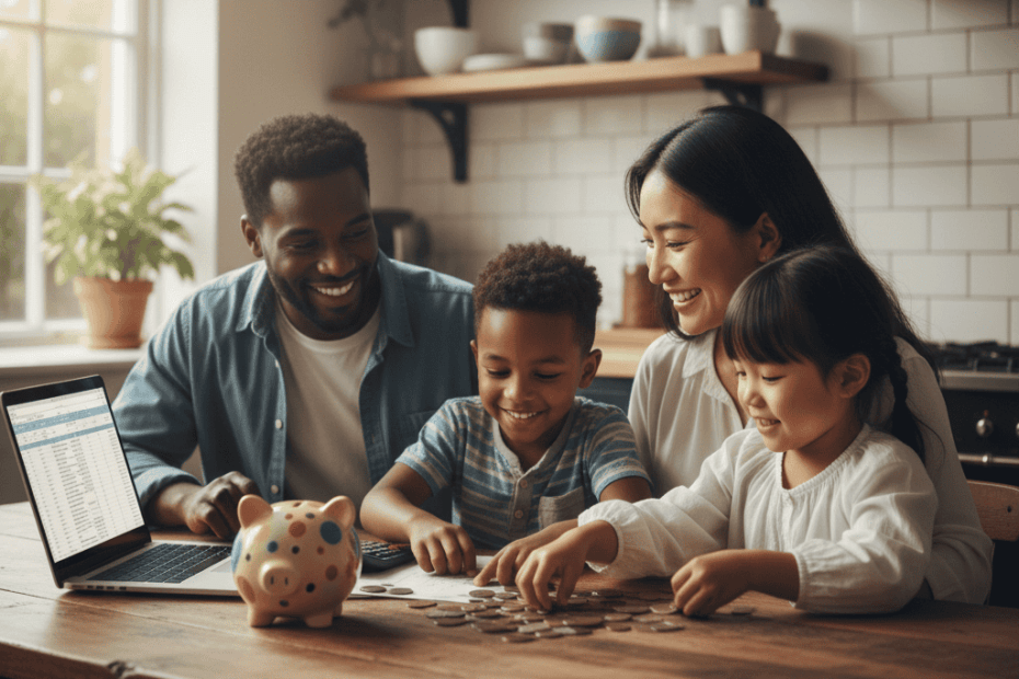 Young family sitting at kitchen table planning budget together with calculator and piggy bank showing saving money tips for parents