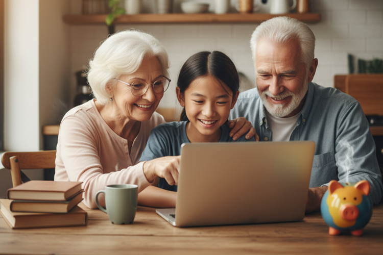Grandparents sitting at kitchen table with grandchild looking at laptop together, representing awareness of disadvantages of grandparents owning 529 plans