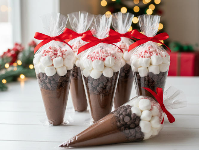 Hot cocoa cone gifts with layered ingredients tied with ribbon - easy food gifts