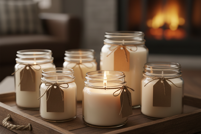 Homemade soy candles in mason jars with natural wicks - DIY Christmas gift ideas