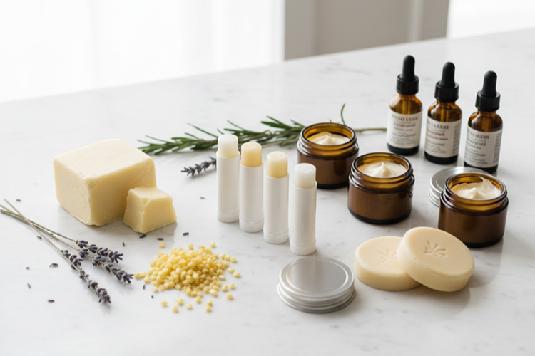 Homemade skincare products including lip balm and body butter - natural beauty gifts