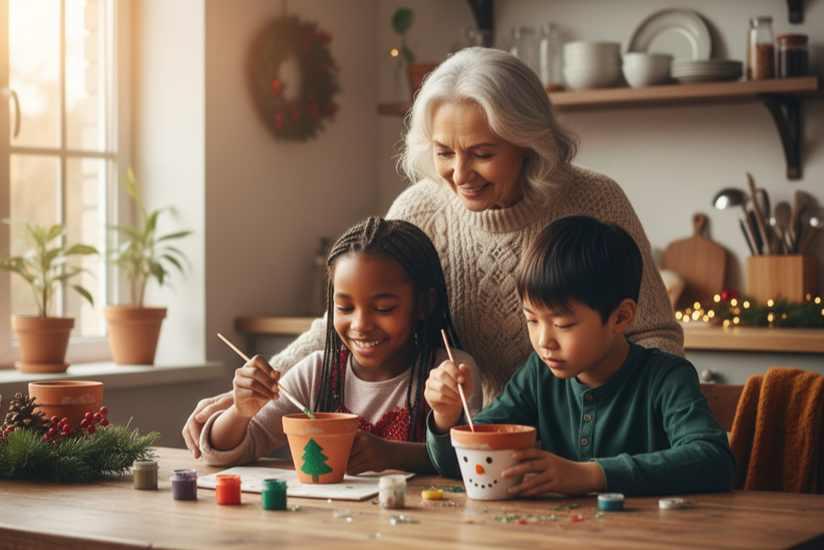 Grandmother teaching diverse children how to make homemade Christmas gifts while discussing money values