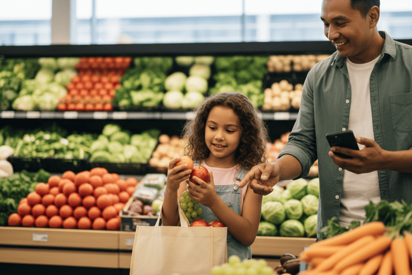 Parent and child shopping for fresh produce together in grocery store using shopping list to save money on food
