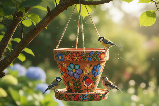 Hand-painted terracotta pot bird feeder with birds - DIY gifts for mom and grandparents