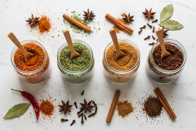 Homemade spice blend jars with various seasonings - budget-friendly food gifts