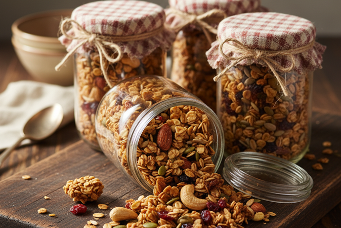Homemade granola in mason jars with fabric toppers - healthy food gifts for Christmas