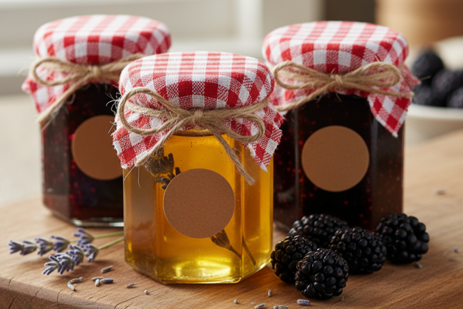 Lavender honey and berry jam in jars with fabric toppers - homemade food gifts for Christmas