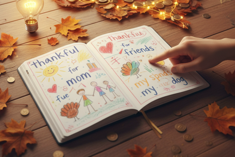 child's open gratitude journal on wooden table, pages show simple drawings and writing