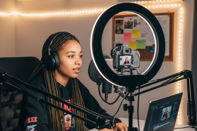Teenage content creator recording video with ring light and microphone for online business