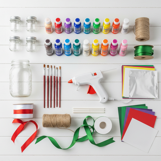 Essential craft supplies for making homemade Christmas gifts organized on white surface