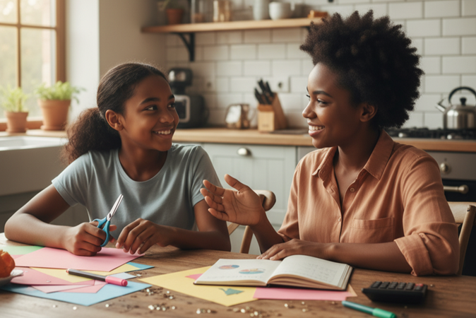 Mother teaching daughter about budgeting while making homemade Christmas gifts together