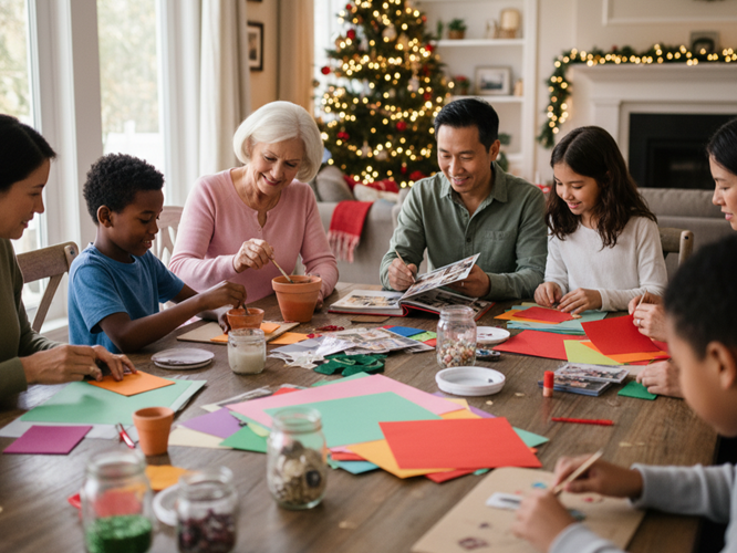 Multi-generational family making homemade Christmas gifts together as annual tradition