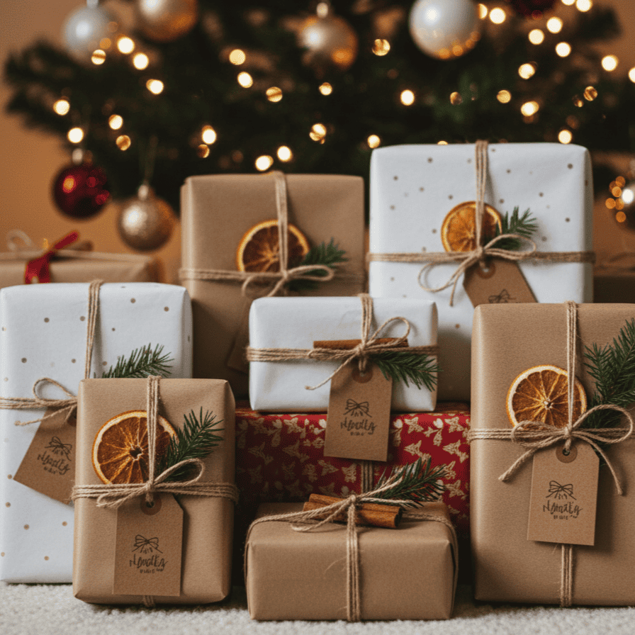 Homemade Christmas gifts wrapped and arranged under Christmas tree ready for gifting