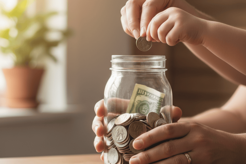 Parent and child hands putting coins into glass savings jar teaching kids money management and family saving habits