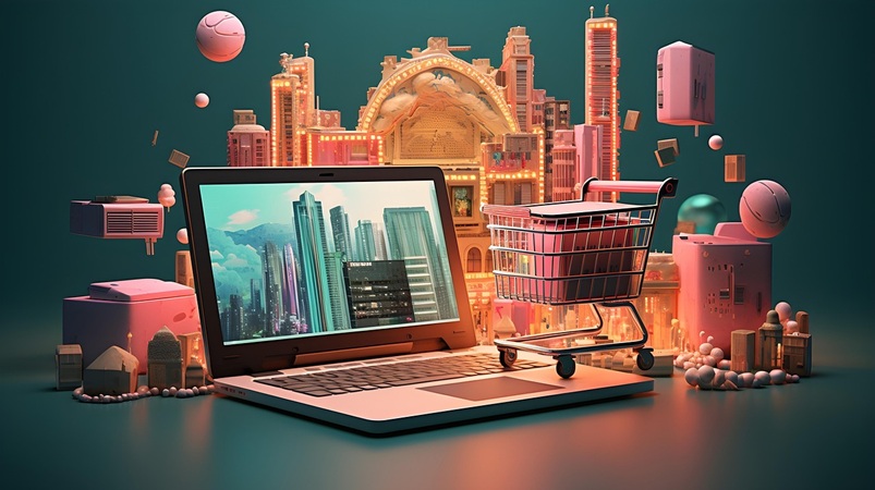 Laptop with a shopping cart and other shopping related items including shopping center, toys, cosmetics and gifts representing online shopping